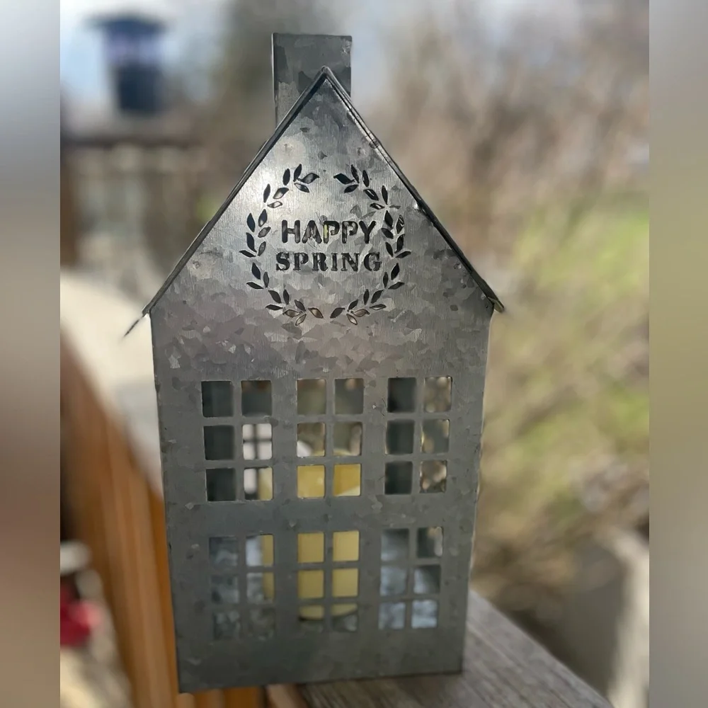 Metal House Candle Lantern Light with 'Happy Spring' Cutout
